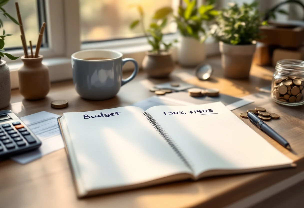 Home desk with notebook of budget numbers and coffee